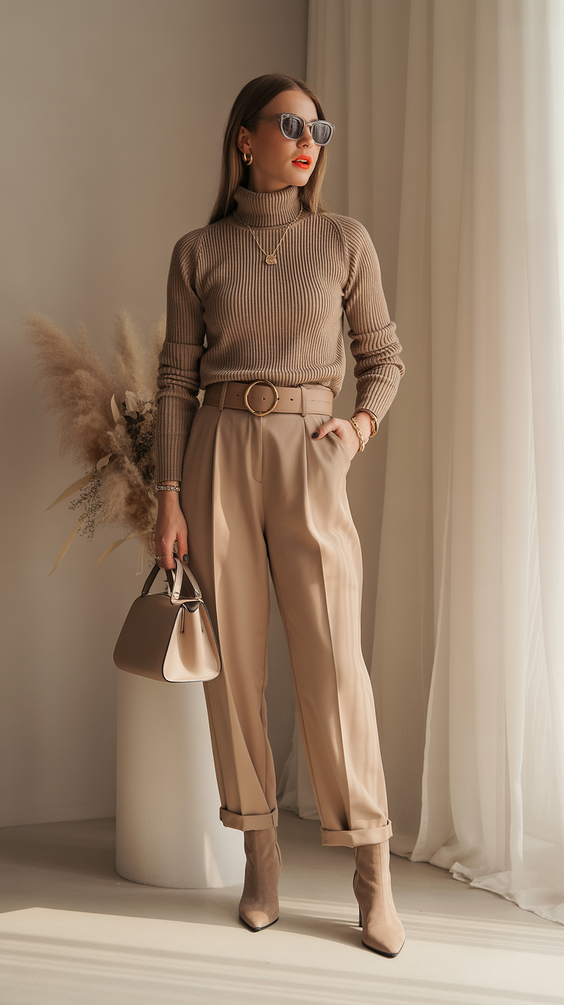 cold spring outfits Neutral Knit and Tailored Pants