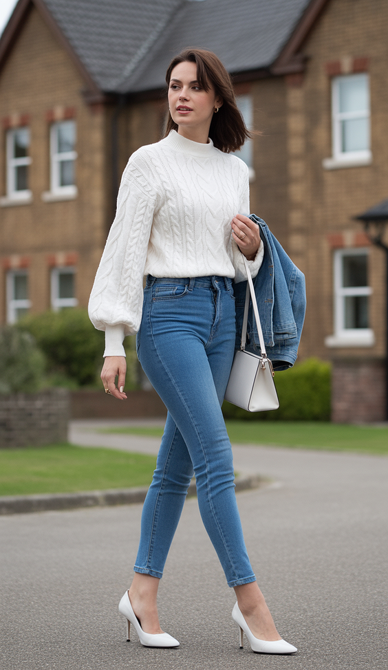 chic spring birthday outfit 2026 Cable Knit Sweater and Jeans