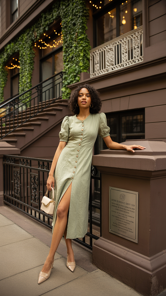 chic spring birthday outfit 2026 Soft Green Button Dress