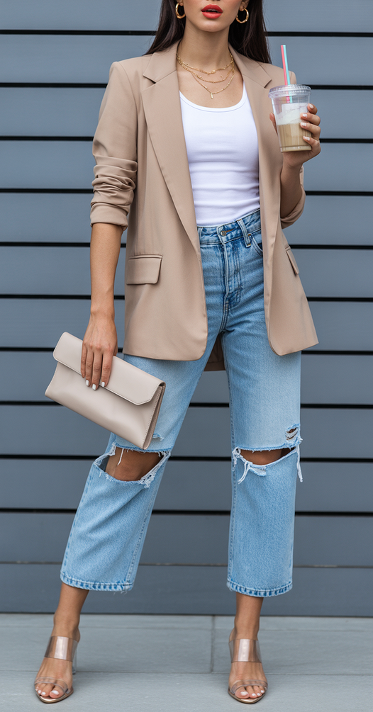 chic spring blazer outfits 2026 Beige Blazer With Ripped Denim and Everyday Ease