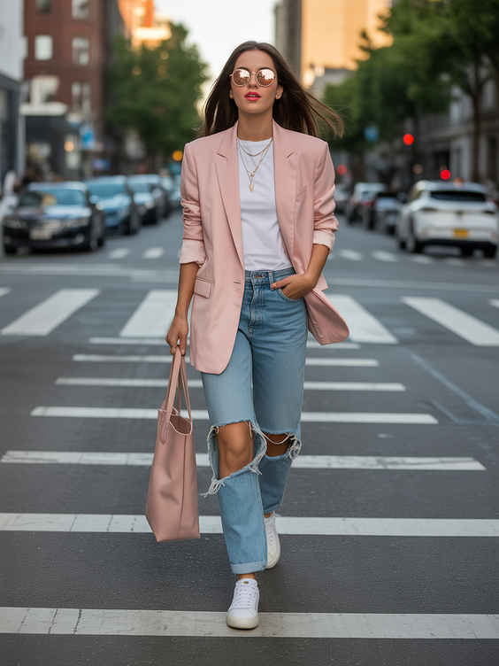 chic spring blazer outfits 2026 Soft Pink Blazer With Sneakers and Street Confidence