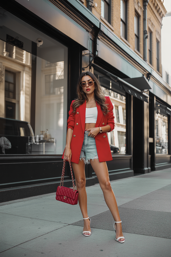chic spring blazer outfits 2026 Red Blazer With Denim Shorts and Statement Energy