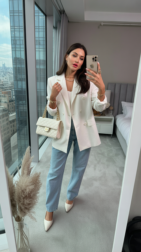 chic spring blazer outfits 2026 White Blazer and City-Polished Denim