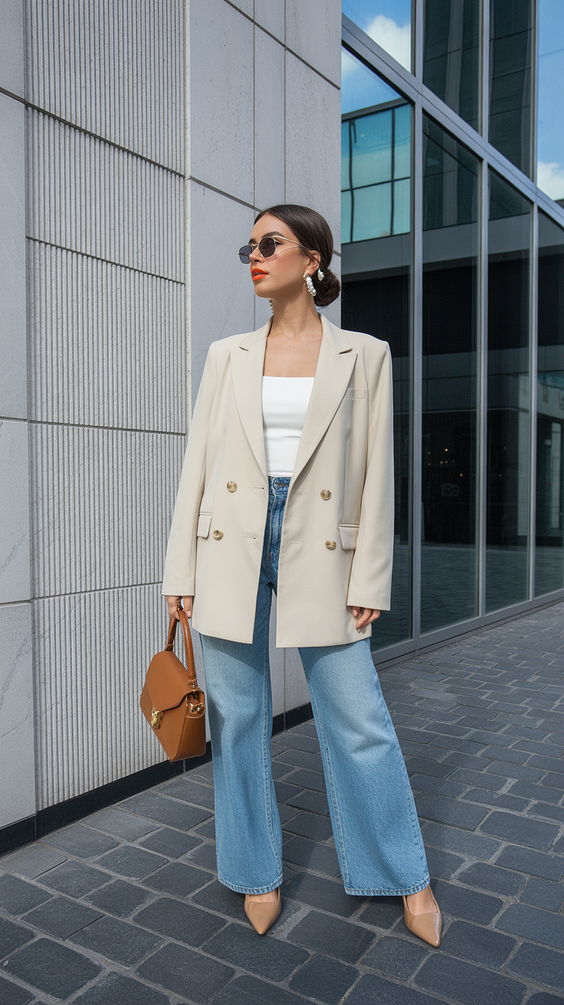 chic spring blazer outfits 2026 Cream Double Breasted With Wide Leg Confidence