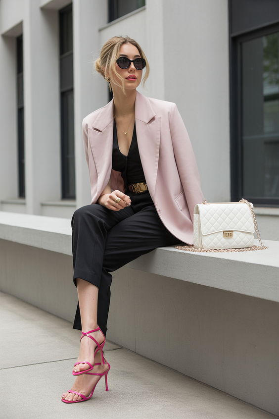 chic spring blazer outfits 2026 Pink Blazer Over Black for Evening Contrast