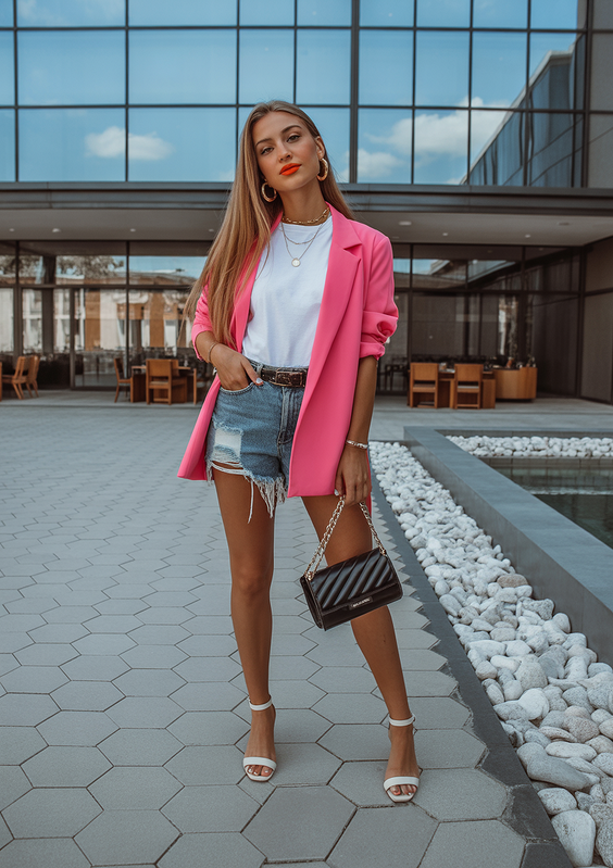 chic spring blazer outfits 2026 Pink Blazer and Denim Shorts With City Energy