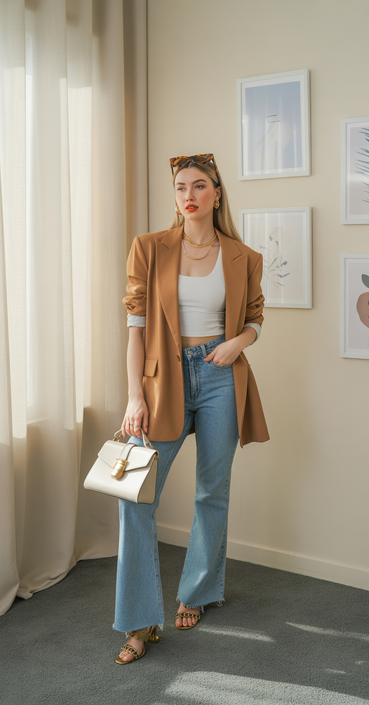 chic spring blazer outfits 2026 Brown Blazer With Soft Neutrals and Vintage Ease
