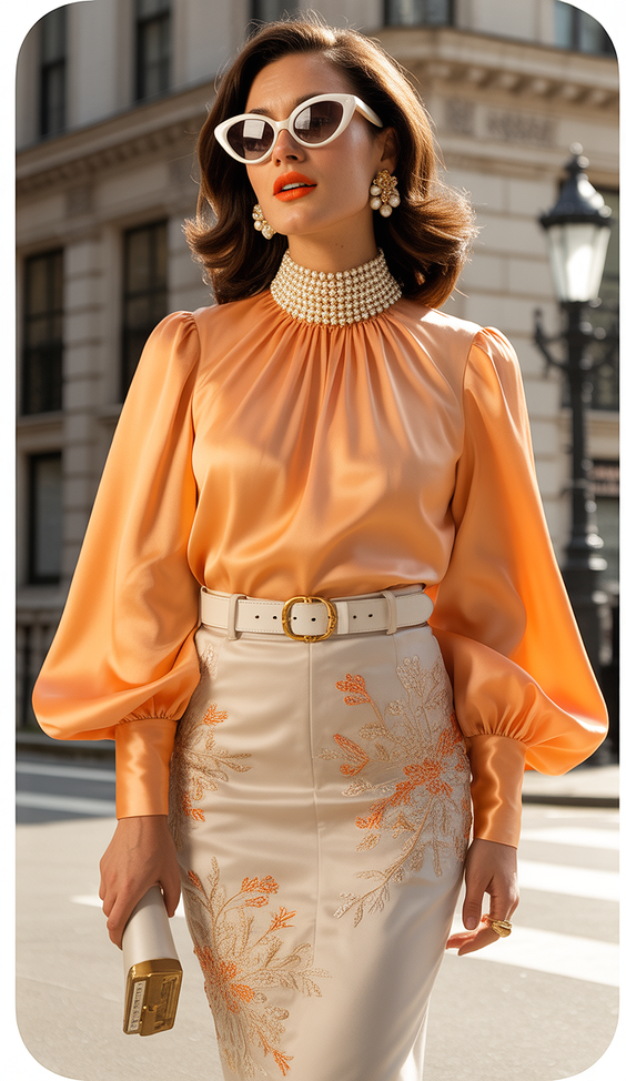 chic spring formal outfits 2026 Polished Peach with Vintage Glamour