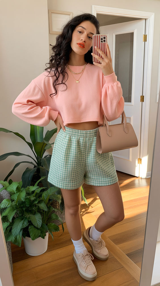 midsize spring outfits casual Soft Shorts Sets for Relaxed Spring Mornings