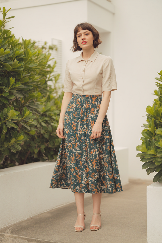 cute modest spring outfits 2026 Beige Button Shirt and Dark Floral Midi Skirt