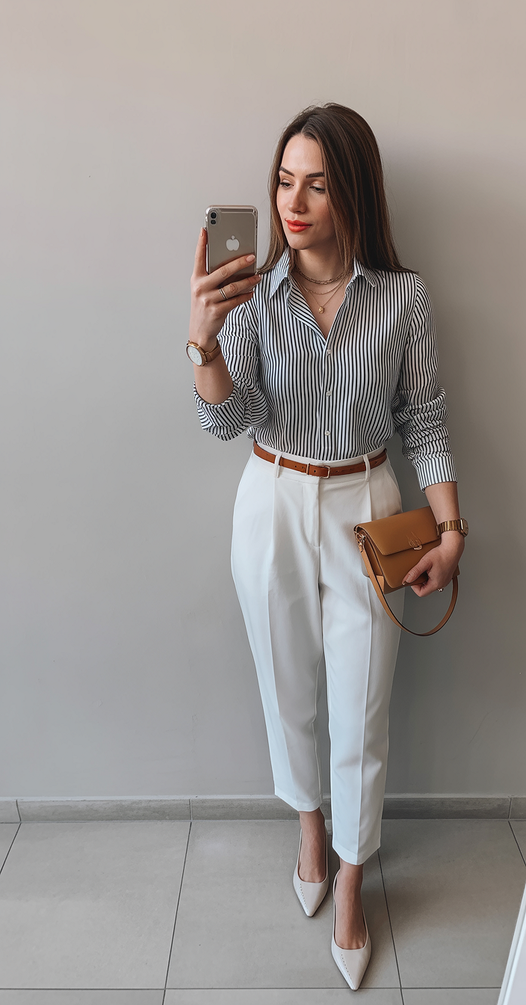spring business casual outfits 2026 Minimal Stripes with Sharp White Tailoring
