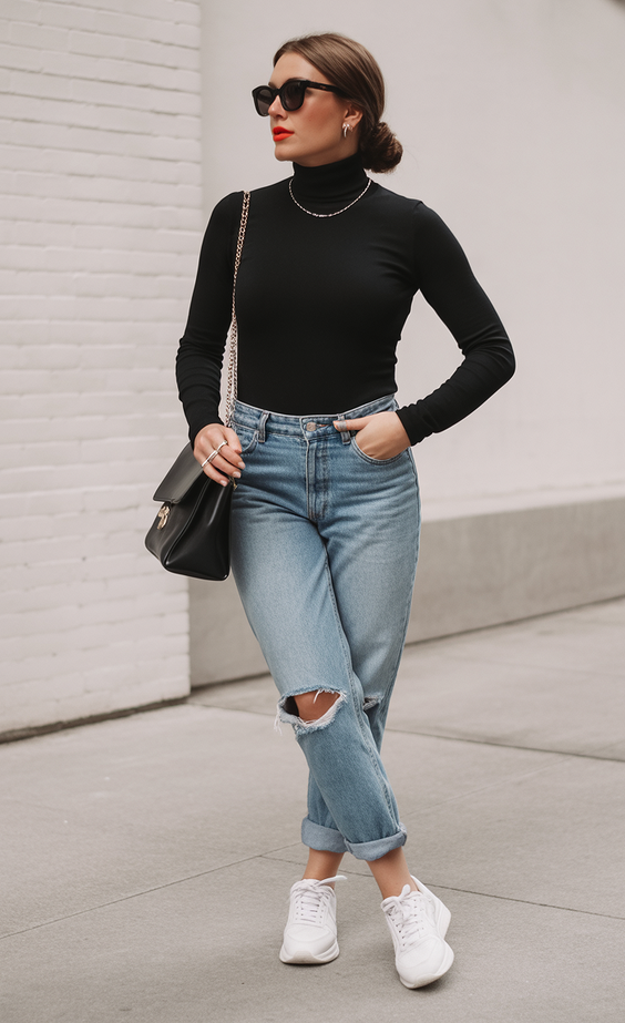 cute spring capsule wardrobe 2026 Black Turtleneck and Denim for Timeless Balance