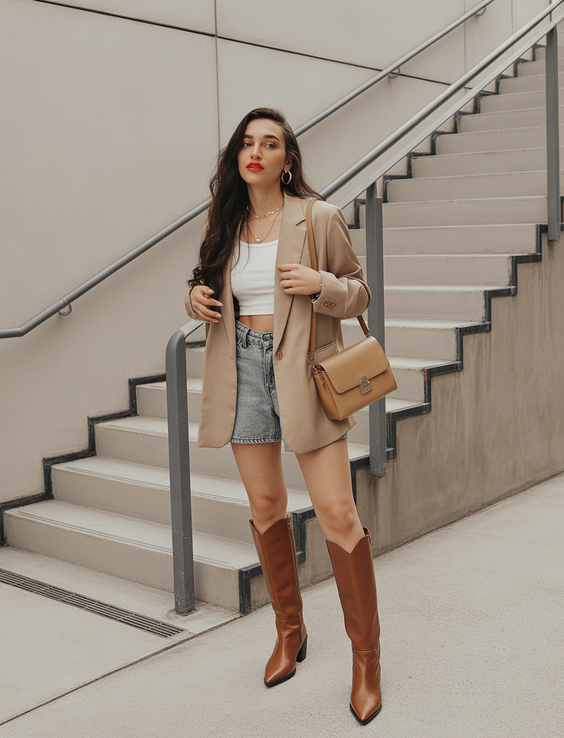 spring date night outfit 2026 Blazer Layers and Denim Skirt for Casual Cool Dates