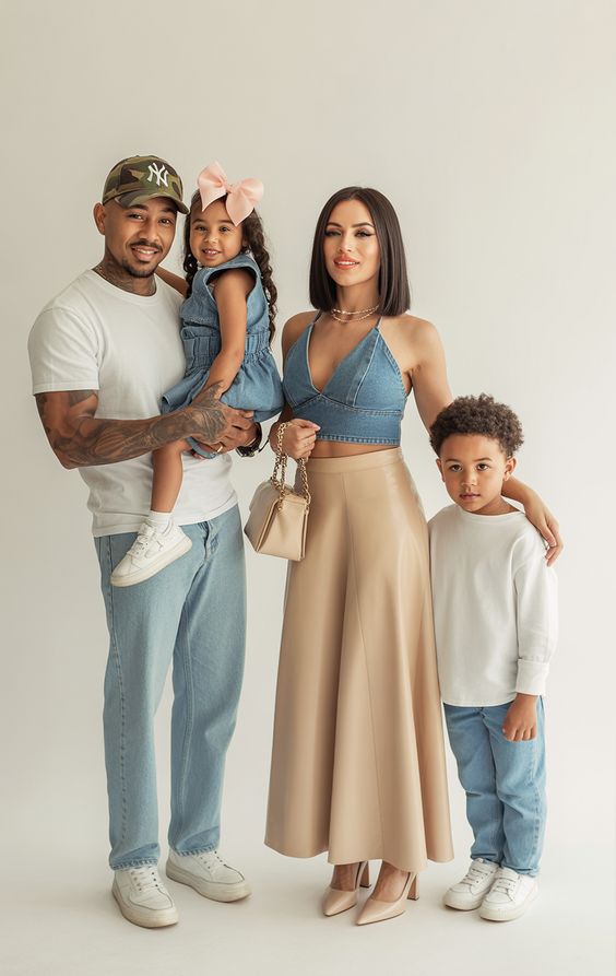 cute spring family pictures outfits 2026 Denim and Beige for Modern Casual Family Style