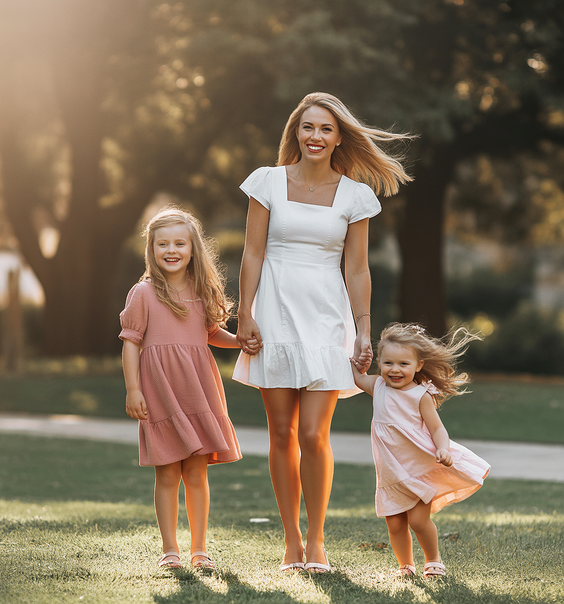 cute spring family pictures outfits 2026 Soft Dresses and Bare Legs for Playful Spring Energy