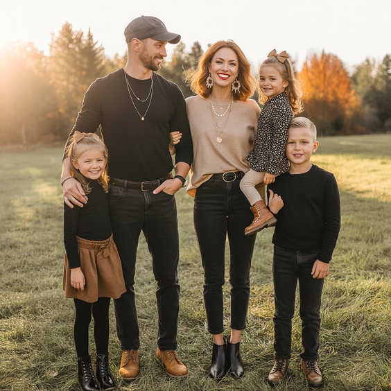 cute spring family pictures outfits 2026 Black and Earth Tones for Bold Family Energy