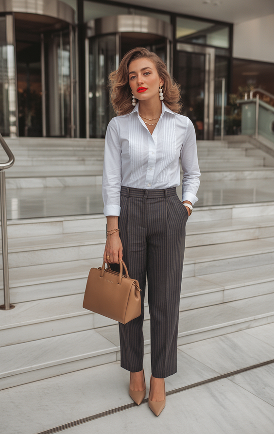 Cute spring office outfits 2026 White Shirt Pinstripe