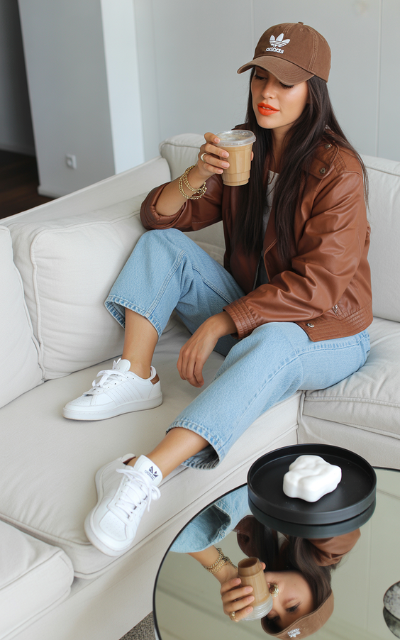 cute spring outfit with a baseball cap 2026 leather casual look