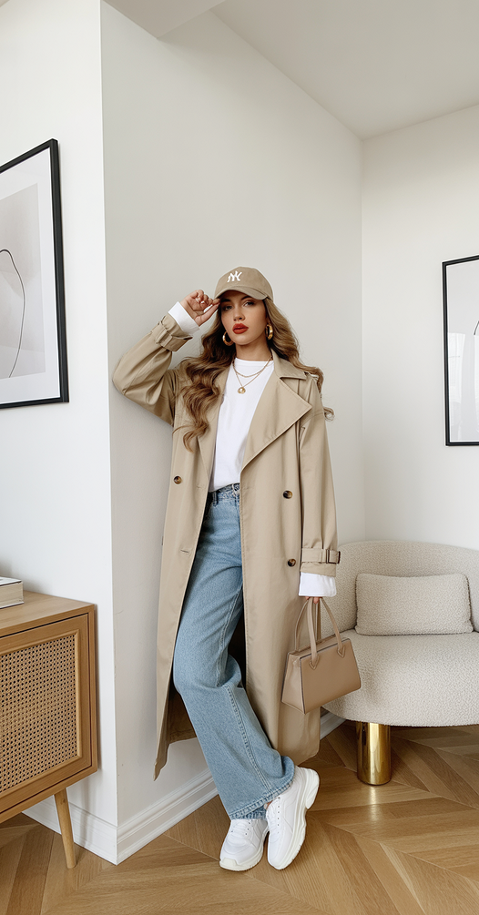 cute spring outfit with a baseball cap 2026 Trench coat style