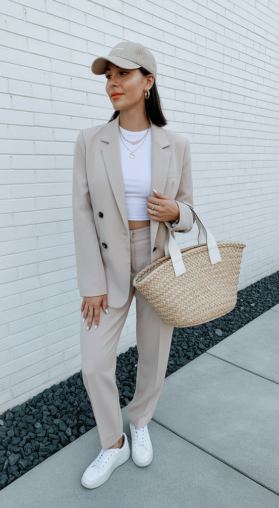 cute spring outfit with a baseball cap 2026 Neutral suit style