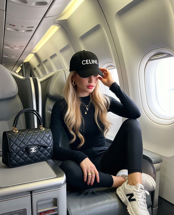 cute spring outfit with a baseball cap 2026 Black travel look