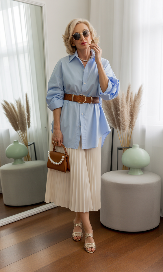 cute spring outfits for women over 50 2026 Light Blue Layers and Movement
