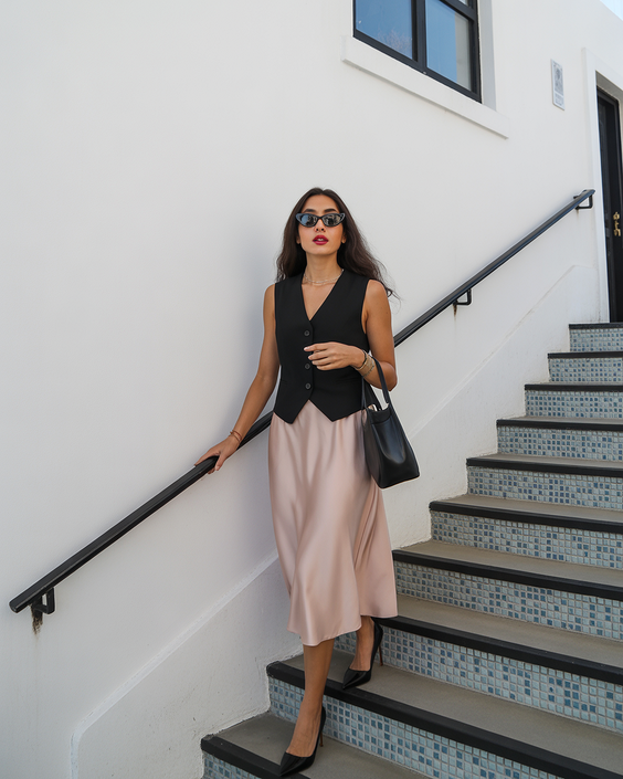 cute spring skirt outfits 2026 Soft Blush Midi with Tailored Vest for Elevated City Days