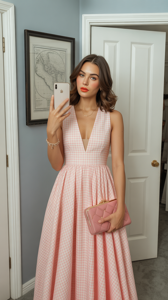 cute spring wedding guest outfit 2026 Soft Gingham With Playful Polish