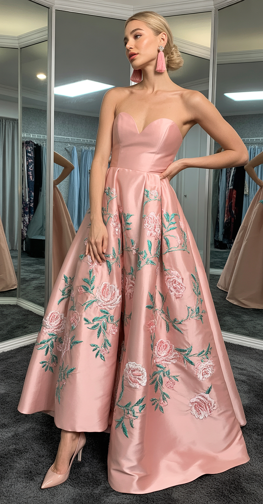 cute spring wedding guest outfit 2026 Blush Embroidery With Formal Drama