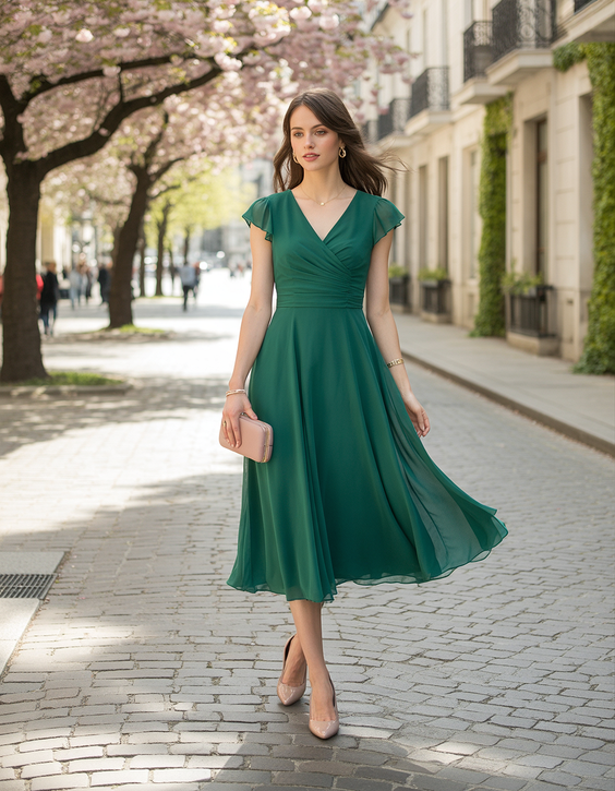 cute spring wedding outfit 2026 Emerald Grace for Elegant City Guests
