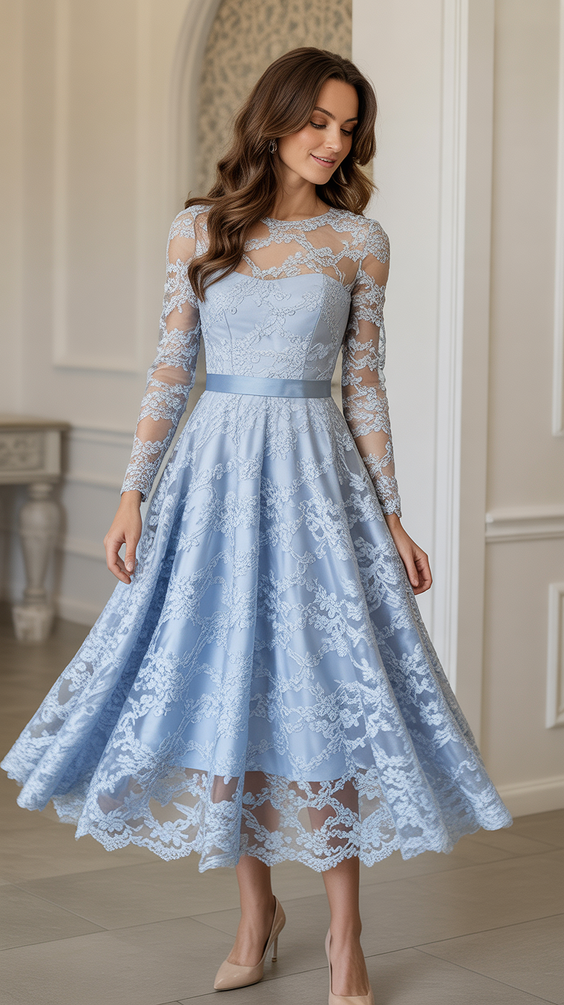 cute spring wedding outfit 2026 Powder Blue Lace for Timeless Elegance