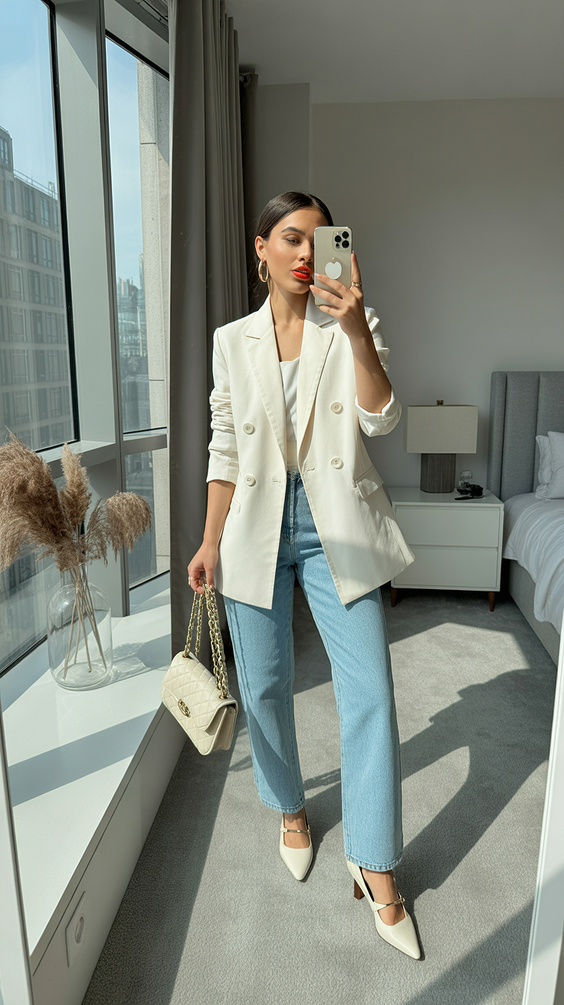 cute spring workwear 2026 Modern White Blazer With Relaxed Denim Proportions