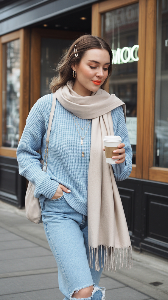 early spring outfits 2026 Cozy Knit and Scarf