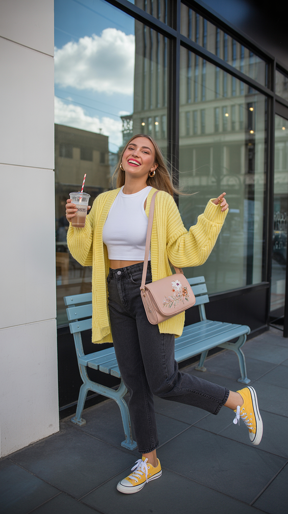 early spring outfits 2026 Yellow Cardigan Look