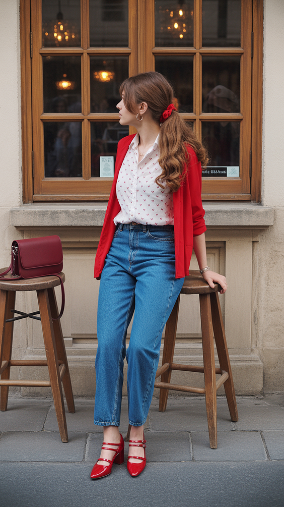 paris spring outfit aesthetic Red Accents with Denim for Parisian Charm