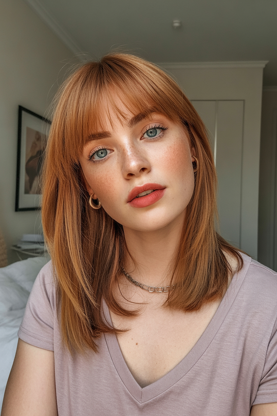 February Haircut Ideas 2026 Medium Hair Copper Bangs