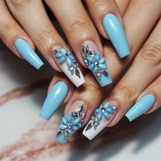 february nails ideas 2026 blue floral