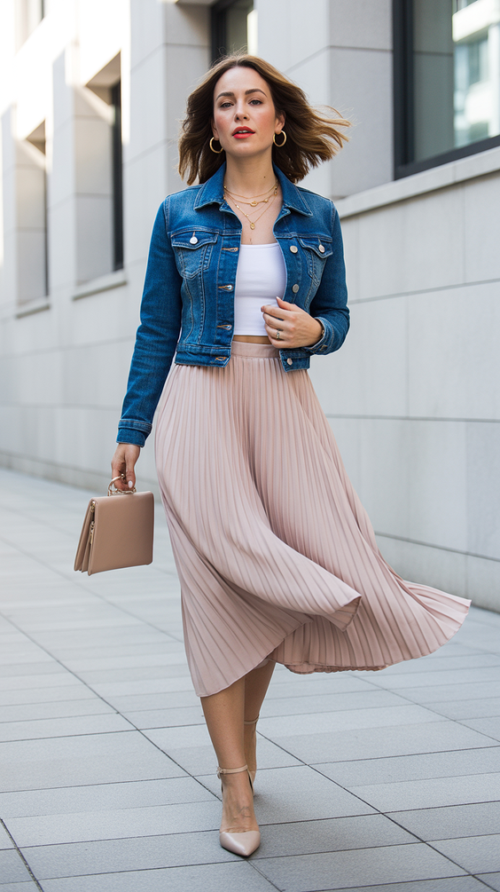 minimalist spring wardrobe 2026 Denim and Pleats