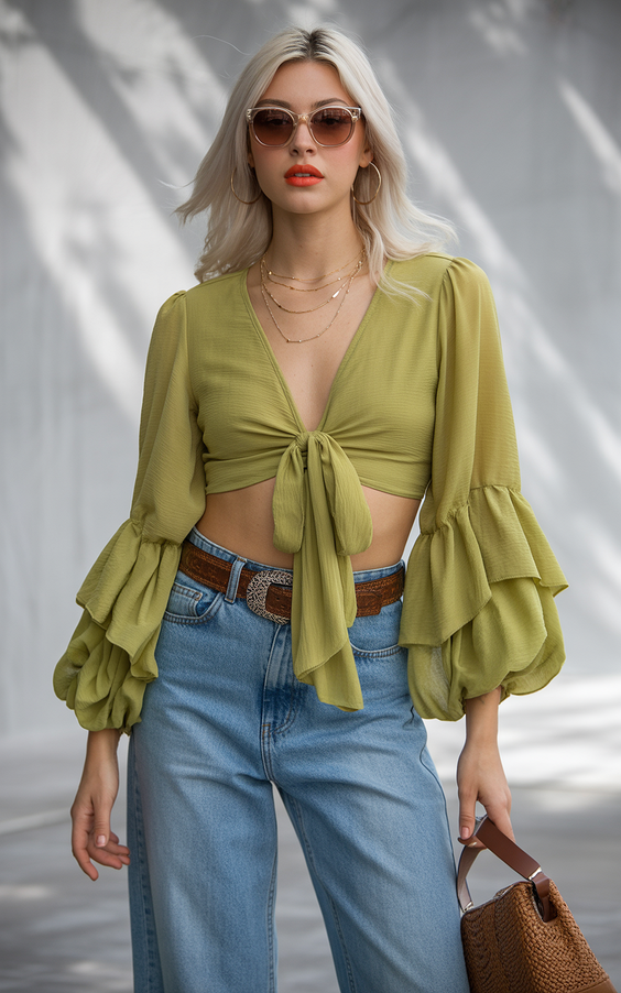 trending spring concert outfit ideas 2026 Green Top Denim Look