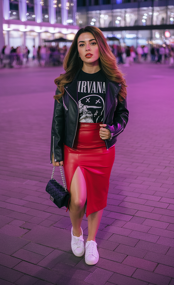 trending spring concert outfit ideas 2026 Leather Rock Night Look