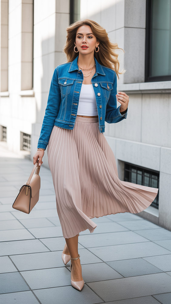 trendy casual spring outfits 2026 Denim Jacket Romance with Flowing Movement