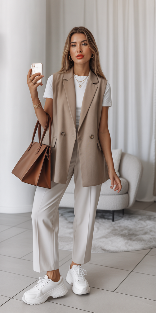 trendy sneakers spring outfit 2026 Minimal Tailoring Meets Chunky Sneakers