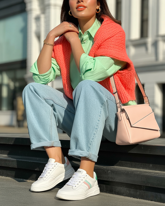 trendy sneakers spring outfit 2026 Fresh Color Play with Casual Sneakers