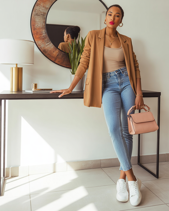 trendy sneakers spring outfit 2026 Smart Casual Balance with White Sneakers