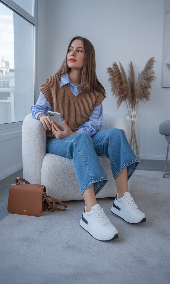 trendy sneakers spring outfit 2026 Layered Comfort with Chunky White Sneakers