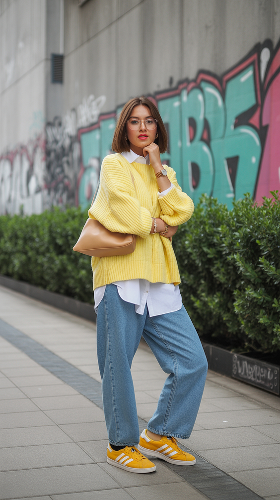 trendy sneakers spring outfit 2026 Yellow Knit Energy with Retro Sneakers