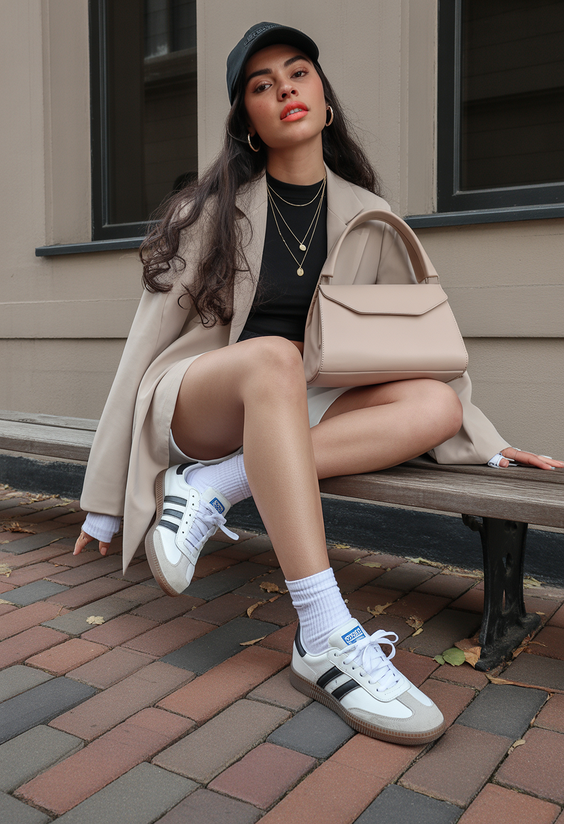 trendy sneakers spring outfit 2026 Street Cool with Skirt and Sneakers Energy