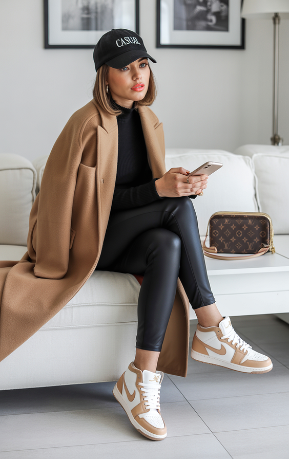 trendy sneakers spring outfit 2026 Casual Luxe with Leather and Sneakers