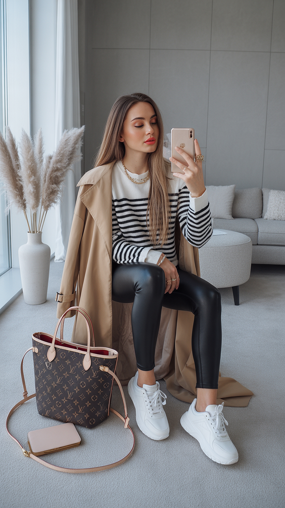 trendy sneakers spring outfit 2026 Relaxed Neutrals with White Chunky Sneakers