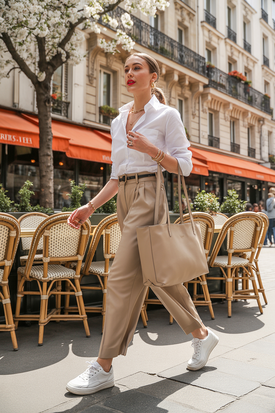 trendy sneakers spring outfit 2026 Classic City Walk Look with White Sneakers
